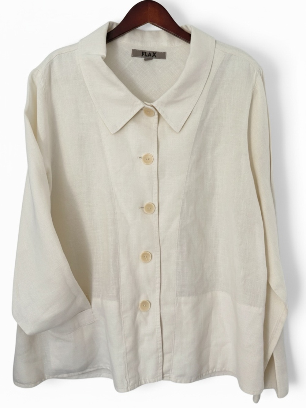 FLAX 100% Linen Ivory Button Front Swing Shirt Jacket Relaxed Fit Lagenlook Sz L